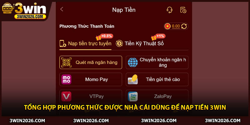 Tổng hợp phương thức được nhà cái dùng để nạp tiền 3win